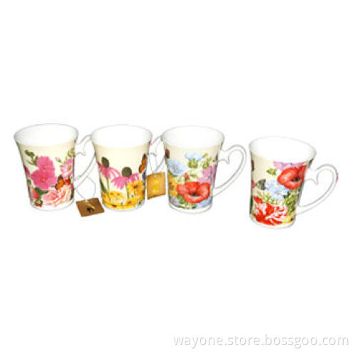 13oz Tea Mugs in Window Gift Box with Handle, Ideal for Gifts, Flower Design, Festival, 4 Pieces Set